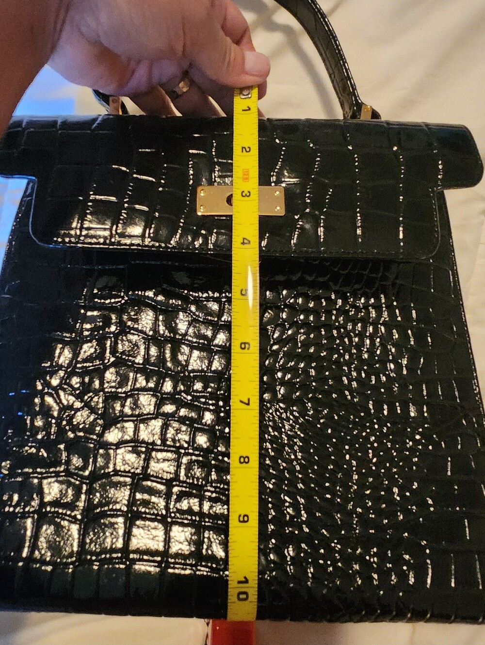 Large Glossy Black Croc-Embossed Top-Handle Bag - Picture 4 of 13
